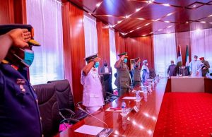 Inside PMB’s First Meeting With New Service Chiefs President Muhammadu Buhari, right, during his first meeting with the new Service Chiefs...
