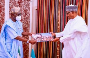 Photo: Sanwo-Olu Storms Aso Rock For Meeting With Buhari …Lagos State Governor, Mr. Babajide Sanwo-Olu presents a book on Rebuilding Lagos to President Muhammudu Buhari during the meeting…