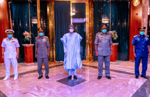 Service Chiefs: At Last, Buhari Seeks Confirmation From National Assembly President Muhammadu Buhari, middle, with the new Service Chiefs...