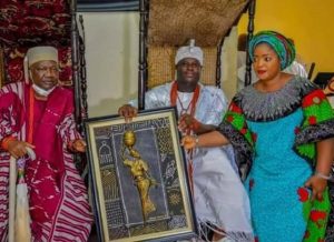 L R The Ooni of Ife Oba Adeyeye Ogunwusi Oba Adedokun Abolarin and his Olori Solape Christianah Abolarinduring the foremost monarch's visit to Oke Ila-Orangun...
