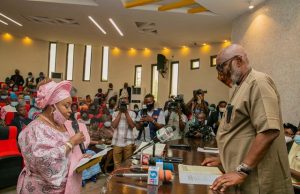 First Female SSG, Others Sworn In By Akeredolu ...the new Ondo SSG, Princess Oladunni Odu, left, being sworn-in by Governor Oluwarotimi Akeredolu...