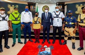 Sanwo-Olu Says Lagos Law Enforcers Will Now Use Body Cameras ...Lagos' Governor Babajide Sanwo-Olu, middle, with reps of law enforcement agencies in his state...