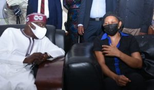 Senator Bola Tinubu left with the widow of the Afenifere spokesman Dr Joe Okei Odumakin