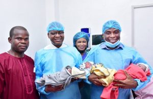 First IVF Triplets: UCH’s Otegbayo Commends Delivery Team L-R:…the father of the triplets, Dr. Omokehinde Osiki, the chairman, Medical Advisory Committee, Dr. Abiodun Moshood Adeoye and the Chief Medical Director, Professor Jesse Abiodun Otegbayo holding the babies…