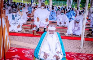 Photos: How Buhari, Others Celebrated Eid-el-Fitri Inside State House, Abuja ...President Muhammadu Buhari...seated...during Eid-el-Fitri prayers within the State House on Thursday...