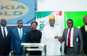Listing On LCFE: Heritage Bank-Dukia Gold Set To Unlock N344trillion Market Worth Of Gold L-R: Olawale Akoni (SAN), Managing Partner, Babalakin & Co; Olusegun Akanji, Divisional Head, Strategy & Business Solutions, Heritage Bank Plc; Ife Fashola, Group Chief Executive of KADARI Capital; Tunde Fagbemi, Chairman, Dukia Gold; Akin Akeredolu-Ale, MD of Lagos Commodities and Futures Exchange (LCFE) and Olusoji Elias, Council General, Dukia Gold, during the LCFE-Dukia Gold media parley held yesterday at the LCFE Trading Floor in Lagos