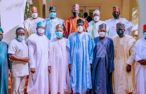 Photo: When Buhari Hosted Progressive Governors In Daura L-R: Osun State Governor, Mr. Gboyega Oyetola; Cross River State Governor, Prof. Ben Ayade; Ekiti State Governor, Dr. Kayode Fayemi; Katsina State Governor, Alhaji Aminu Bello Masari; President Muhammadu Buhari; Kebbi State Governor & Chairman Progressives Governors Forum, Alhaji Abubakar Atiku Bagudu; Lagos State Governor, Mr. Babajide Sanwo-Olu; Ebonyi State Governor, David Umahi (Ebonyi). Behind L-R: Plateau State Governor, Mr. Solomon Lalong; Ogun State Governor, Prince Dapo Abiodun; Nassarawa State Governor, Abdullahi Sule; Kano State Governor, Abdullahi Ganduje and Yobe State Governor, Mai Mala Buni, during the visit to Daura…