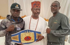 Promoter Expresses Sadness Over Neglect Of Boxing Champ, ‘Scorpion’ Oyekola L-R: WBF Champ. Ridwan Scorpion Oyekola, President of Central Council of Ibadan Indigene (CCII), Chief Yemi Soladoye and Sola Ayodele, CEO COABOX