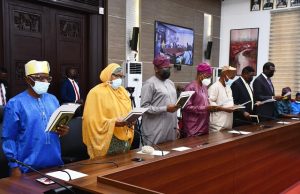 Photos: When Makinde Sworn-In His Seven Returning-Commissioners L-R: Alhaji Siju Lawal; Alhaja Faosat Sani; Barr. Temilolu Asamu; Prof Daud Sangodoyin; Chief Bayo Lawal; Prof Oyelowo Oyewo and Mr Akinola Ojo...at the event...