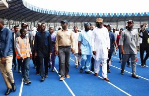 Photos: Makinde Excited As He Inspects Lekan Salami Stadium Project ...Engineer Seyi Makinde...and others during the inspection tour...