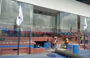 Photos: Last Minute Preparations For Opening Of Remodeled Lekan Salami Stadium, Ibadan ...workers busy putting finishing touches to the 'State Box' area...inside the remodeled Lekan Salami Stadium, Adamasingba, Ibadan, the capital city of Oyo State...on Tuesday morning...Pix by Olayinka Agboola...