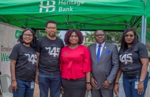 Employment Prospects For Youths: Heritage Bank Partners LFC L-R: Ololade Tom-Ezewu, Cluster Head/Experience Centre Manager, Lagos Island-2A, Heritage Bank Plc; Ohepo George Eko, Assistant National Youth Pastor of Living Faith Church, North Central; Naomi Inyang, Member of LFC; Adesoji Ogunsanya, Team lead Talent resourcing/Outsourcing, Human Capital Development, Heritage Bank and Tolani Adewole, Experience Centre Manager, Lagos Island 2A, during Heritage Bank’s partnership with arm of Living Faith Church Worldwide during, known as Winners’ Youth Ministry, during the 17th Annual International Youth Alive Convention, held recently in Ota