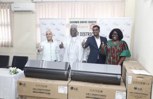 When New ‘Artcool’ Air Conditioning Units Were Donated To Wuse Hospital, Abuja By LG Electronics L-R: Branch Manager, Fouani Nigeria Limited, Abuja, Mr. Mostapha Khrais, Medical Director, Wuse District Hospital, Abuja, Dr. Sa’ad Idris, Head, Corporate Marketing, LG Electronics West Africa Operation, Mr. Hari Elluru and Head, Clinical Services, Wuse District Hospital, Dr. Rita Idemudia at the LG Electronics CSR Initiative donation of New Artcool Air Conditioning Units to the District Hospital, Abuja…