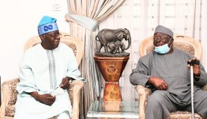 …the national leader of the ruling All Progressives Congress, Asiwaju Bola Tinubu (left) with Afenifere leader, Chief Ayo Adebanjo…