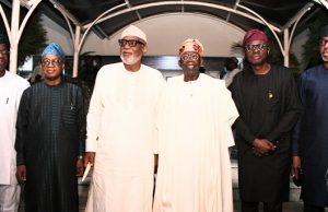 S/W Govs’ Visit To Tinubu: Akeredolu Gives Reasons For Fayemi’s Absence L-R: Engineer Rauf Olaniyan, Adegboyega Oyetola, Oluwarotimi Akeredolu, Bola Tinubu, Babajide Sanwo-Olu and Dapo Abiodun...during the visit...