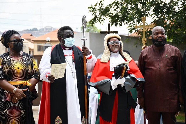 Iyabo Yerima …from the left: Representative of Oyo State Governor and Secretary to the State Government, Mrs Olubamiwo Adeosun; Bishop Joseph Akinfenwa; representative, Chief Judge of Oyo State, Justice Iyabo Yerima and Deputy Chief of Staff to the Governor, Hon Mojeed Mogbojubola during a special thanksgiving to mark the beginning of 2020/2021 legal year held at the Cathedral of St. James, Oke-Bola, Ibadan...
