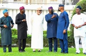 No Formal Communique As South West Governors Meet In Lagos L-R: Adegboyega Oyetola, Babajide Sanwo-Olu, Oluwarotimi Akeredolu, Kayode Fayemi, Dapo Abiodun and Rauf Olaniyan...all governors of Osun, Lagos, Ondo, Ekiti, Ogun and Oyo's Deputy Governor...in Lagos on Tuesday...