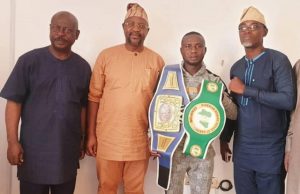 Day Sunday Dare Pledged To Support Ridwan Scorpion’s WBF Title Defense L-R: Former Chairman Central Council of Ibadan Indigenes (CCII) Chief Yemi Soladoye, Hon Minister for Youths and Sports, Mr. Sunday Dare, Ridwan 'Scorpion' Oyekola and Sola Ayodele CEO Core Afrique Boxing Promotions…