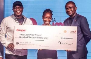 Seventh UBA Bumper Savings Account Promo: Meet The Winners L-R: Group Head, Customer Fulfilment Centre (CFC), United Bank for Africa(UBA), Prince Ayewoh; Winner of N100,000 cash prize in the UBA Bumper Savings Account Promo, Onyenwenyi Chidinma Confidence and Head of Small and Medium Enterprises (SME) Liability, Babatunde Ajayi, during the presentation of cash prizes to winners of the UBA Bumper Savings Account promo draw, held in Lagos, recently…