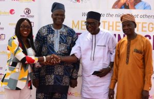 Day Communication Expert, Omolaraeni Olaosebikan Unveiled Three Corporate Brands L-R: Group Chief Executive Officer (CEO), McEnies Global Communications, Omolaraeni Olaosebikan, Commissioner for Information, culture and tourism, Oyo State, Dr. Wasiu Olatubosun Chairman of the occasion, Chief Charles Ajibade and Representative of the Commissioner for trade, investment and Commerce, Oyo State, Engr. Tajudeen Raji at the official launch of the 3in1 Marketing Communications integrated businesses held in Ibadan, Oyo State on Friday, 19th November 2021.