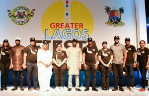 Day Sanwo-Olu Unveiled 2021 Greater Lagos Fiesta …Lagos State Deputy Governor, representing the Governor, Dr. Obafemi Hamzat (middle), from his right are Commissioner for Tourism, Arts & Culture, Pharm. (Mrs) Uzamat Akinbile-Yusuf; her counterpart for Commerce, Industry& Cooperatives, Dr. Lola Akande; Special Adviser to the Governor on Tourism, Arts & Culture, Mr. Solomon Bonu Saanu; Ace Documentary Photographer, Mr. Dayo Adedayo (right); Commissioner for Energy & Mineral Resources, Mr. Olalere Odusote (fourth right); Permanent Secretary, Ministry of Tourism, Arts & Culture, Princess Adenike Adedoyin-Ajayi and others, during the unveiling ceremony of the 2021 Greater Lagos Fiesta themed ‘Lagos Rocks’, at Eko Hotels and Suites, Victoria Island, on Friday, October 29, 2021…