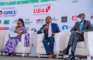 UBA Hailed By LITF For Contributing To Growth Of African Economies …President, Lagos Chamber of Commerce and Industry LCCI; Mrs Toki Mabogunje; Group General Manager, United Bank for Africa, Mr Muyiwa Akinyemi, and Ambassador Stanislas Kamanzi, High Commissioner of the Republic of Rwanda at the Africa Day Celebration themed 'Boosting Intra-African Trade' at the on-going 2021 Lagos International Trade Fair which UBA is the Headline Sponsor held in Lagos recently…