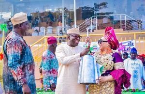 Ekiti State Shines As NAFEST 2021 Ends, See Images …Governor Kayode Fayemi presenting the second position trophy to the Commissioner for Culture and Tourism in Rivers State, Mrs. Tonye Briggs-Oniyide…