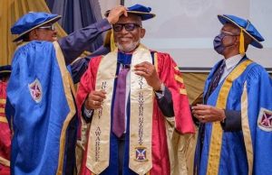 Ajayi Crowther’s Doctor Of Law Award Thrills Akeredolu As He Tasks Nigeria’s True Intellectuals Arakunrin Oluwarotimi Akeredolu, the governor of Ondo State, middle, being 'decorated'...at the event...