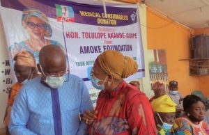 When Akande-Sadipe Donated Medical Supplies And Equipment To PHCs Hon Tolulope Akande-Sadipe, right, at the event....