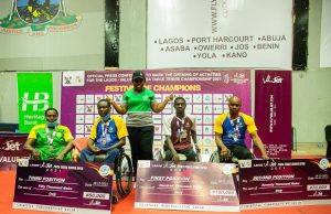Sports Development: LASG, Heritage Bank Collaborate L-R: Alanamu Mustapha. Bronze Medal winner of N25K prize; Osagiede Thomas, Bronze Medal N25K; Ozena Utulu, the Ag Group Head, Corporate Communications; Oshinowo Gbenga, Gold Medal N100K and Akintewe Tolulope, Silver Medal N70K, during the prize presentation of winners at the just concluded 2021 ValueJet Para Table Tennis Open, held in Lagos…