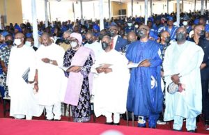 Osinbajo, Fayemi, Makinde Attend Akala’s Funeral, To Be Immortalized By Oyo Govt …From the right: Ekiti State Governor, Dr Kayode Fayemi; Oyo State Governor, Seyi Makinde; Vice President, Prof Yemi Oshibajo; Deputy Governor of Ogun State, Alhaja Noimot Salako-Oyedele; Minister of Sports, Sunday Dare and Former Governor of Ogun State, Senator Ibikunle Amosun during the burial service in honour of former governor Oyo State, Otunba Adebayo Alao Akala held at Beulah Baptist Centre, Ogbomoso…