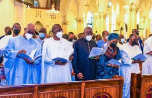 Osinbajo, Jonathan, Gowon, Others Join Sanwo-Olu, To Witness Shonekan’s Funeral Service In Lagos L-R: Governors – Mr. Godwin Obaseki (Edo State), Prince Dapo Abiodun (Ogun State) and Mr. Babajide Sanwo-Olu (Lagos State); former President, Dr. Goodluck Jonathan; wife of former Military Head of State, Mrs Victoria Gowon; General Yakubu Gowon (Rtd); Secretary to the Government of the Federation, Mr. Boss Mustapha and the Vice President, Prof. Yemi Osinbajo, during the State funeral of Ex-Head of the Interim National Government, Chief Ernest Shonekan, at the Cathedral Church of Christ, Marina, on Friday…