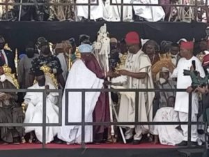 Oba Olalekan Balogun being given his staff of Office by Governor'Seyi Makinde...