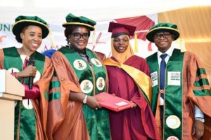 R-L: Prof Ayobami Salami, best graduating student, Afonja Mariam Adewumi, Oyo SSG, Olubamiwo Adeosun and Mrs Olayinka Balogun, Tech-U's Registrar...