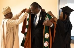 Oyo Head Of Service Witnesses Inauguration Of New VC At Tech-U Professor Adesola Ajayi being decorated by Professor Ayobami Salami and Mrs Olayinka Balogun...