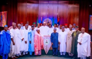 APC Presidential Ticket: Buhari Tasks Progressive Govs On Need To Consider Aspirant With ‘Quality’ ...President Muhammadu Buhari...in a group photo with the governors...on Tuesday...