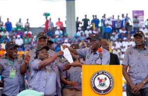 Second Term: How Sanwo-Olu Was Endorsed By Lagos Workers L-R: Permanent Secretary, Office of Establishments and Training, Dr. Biodun Onayele; Chairman, National Labour Congress (NLC) Lagos State, Comrade Funmilayo Sessi; Lagos State Governor, Mr. Babajide Sanwo-Olu and Commissioner for Transportation, Dr. Federic Oladeinde during the Workers’ Day celebration at the Mobolaji Johnson Arena, Onikan, on Sunday