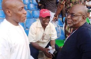 Photo: NFF’s Seyi Akinwunmi Joins Ike Shorounmu, Felix Owolabi To Watch IFA Match In Ibadan L-R: Ike Shorounmu, Felix Owolabi and Seyi Akinwunmi...after the IFA match at Olubadan Stadium, Ibadan...