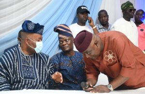 APC Presidential Ticket: Akpabio Storms Ibadan, Makes Promises Senator Godswill Akpabio,left, with Teslim Folarin, middle, and Isaac Omodewu...at the event...
