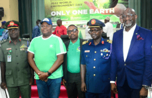 Day Heritage Bank Won Lagos Environmental Sustainability Award R-L: Kehinde Olugbemi, Ag. Chief Risk Officer, Heritage Bank; Captain Babangida Zakari, Deputy Director of Coordination, Armed Forces Settlement Centre, Oshodi; Prince Ademola Docemo, MD, Lagos State Signage and Advertising (LASSA); Gaji Omobolaji Tajudeen, Permanent Secretary, Lagos State Government Representative; Brigadier General Maxwell Ejike, Director of Training, Armed Forces Settlement Centre, Oshodi, as Heritage Bank wins Environmental Sustainability Award at the 2022 World Environment Day event held in Lagos State.