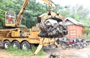 Photos: Lagos Embarks On Crushing Of Seized Motorcycles, See Images ...the motorcycles, after being crushed in Lagos on Friday...