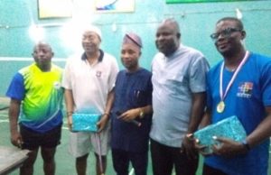 When Oba Oginni, Fadulu Won ITC’s FATOIL Badminton Doubles Championship ...Oba Olatunde Oginni (second left) President of Ibadan Tennis Club, Prince Peter Akinyooye, Sponsor and celebrant, Otunba Sola Omole and Toba Fadulu (left)…after the event…