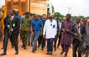 Akeredolu Visits Scene Of Wednesday Shootings In Owo, Says ‘Our People Should Not Panic’ ...Ondo's Governor Oluwarotimi Akeredolu, third from right, with others...within the yard of the Craneburg Construction Company in Owo...on Thursday...