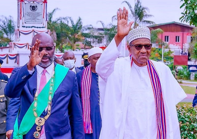 Buhari and Weah President Muhammadu Buhari, right, with Liberia's President, Dr George Weah...in Liberia on Tuesday...