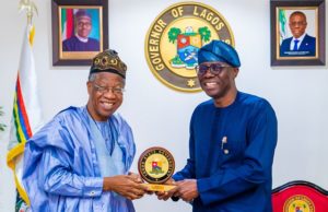 Cultural/Tourism Fairs: All Set For Lagos To Host The World Minister for Information and Culture, Alhaji Lai Mohammed, left, being presented with a plaque by Lagos State Governor, Mr. Babajide Sanwo-Olu, shortly after a meeting at Lagos House, Marina on Thursday...