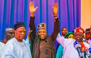 Photo: Check Out Moment Tinubu Officially Unveiled Shettima L-R: Senator Adamu, APC Chairman, Senator Kashim Shettima and Asiwaju Bola Tinubu...