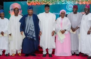 Please End This Prolonged Strike Action, Abiodun Begs ASUU, FG L-R: Chairman, Governing Council, Moshood Abiola Polytechnic, Prof. Kamal Balogun: Chairman, Governing Council, the Tai Solarin University of Education, Prof. Oluwole Banjo; Chairman, Governing Council, Olabisi Onabanjo University, Prof.Toyin Ashiru; Governor Dapo Abiodun; Chairman, Governing Council, Abraham Adesanya Polytechnic, Alhaja Salimot Badru; Chairman, Governing Council, Gateway(ICT) Polytechnic, Dr. Yemi Ogunbiyi and Chairman, Governing Council, Ogun State Institute of Technology, Chief Kola Sorinola after the inauguration of the Governing Councils of the two State-owned universities and six polytechnics in Abeokuta on Thursday