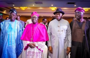 Photo: Tinubu Leads Others To Attend Bishop Kukah’s 70th Birthday …Asiwaju Bola Tinubu; the celebrant and bishop of the Roman Catholic Diocese of Sokoto, Bishop Matthew Kukah; former President, Dr. Goodluck Jonathan and Lagos State Governor, Mr. Babajide Sanwo-Olu at the event…