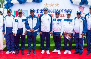 Photo: Sanwo-Olu, Others Witness As Buhari Commissions Nigerian Navy Sports Complex …Chief of the Naval Staff, Vice Admiral Awwal Gambo (4th right); Lagos State Governor, Mr. Babajide Sanwo-Olu (4th left); Chief of Defence Staff (CDS), General Lucky Irabor (3rd left) and others, during the formal commissioning of the Nigerian Navy Sports Complex and Opening Ceremony of the 12th Nigerian Navy Games (LAGOS 2022) at Navy Town Barracks, Ojo, on Thursday…
