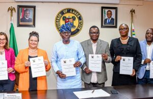 Photo: When Lagos State Sports Commission Signed MoU With French Embassy L-R: French Consul General to Nigeria, Mrs. Laurence Monmayrant; French Ambassador to Nigeria, Mrs. Emmanuelle Blatmann; Lagos State Governor, Mr. Babajide Sanwo-Olu; Commissioner for Youth and Social Development, Mr Segun Dawodu; Permanent Secretary, Ministry of Justice, Ms. Titilayo Shitta-Bey and Chairman, Lagos State Sports Commission, Mr. Sola Aiyepeku at the event on Friday…